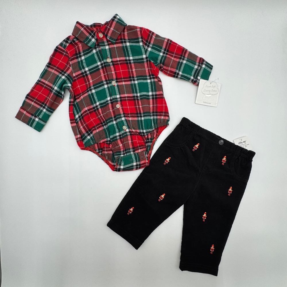 NEW Little Me Baby Plaid Red Green Bodysuit Black Nutcracker Pants Outfit Set 6M
